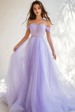 Lilac Tulle Off the Shoulder A Line Maxi Prom Dress