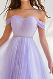 Lilac Tulle Off the Shoulder A Line Maxi Prom Dress