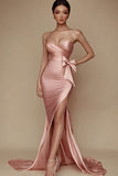 Satin Pink Mermaid Ruched Maxi Prom Dress with Slit