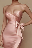 Satin Pink Mermaid Ruched Maxi Prom Dress with Slit