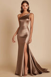 Coffee Satin One Shoulder Mermaid Maxi Prom Dress with Slit