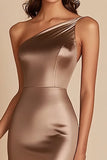 Coffee Satin One Shoulder Mermaid Maxi Prom Dress with Slit