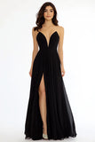 Black Strapless A Line Maxi Prom Dress with Slit