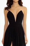Black Strapless A Line Maxi Prom Dress with Slit