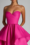 Fuchsia Satin Ruched High-Low Prom Dress with Ruffles