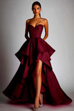 Fuchsia Satin Ruched High-Low Prom Dress with Ruffles