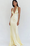 Daffodil Satin Sheath Halter Maxi Prom Dress