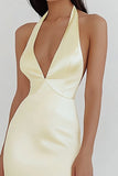 Daffodil Satin Sheath Halter Maxi Prom Dress