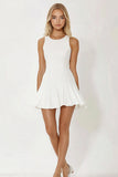 White Satin Round Neck A Line Mini Graduation Dress with Ruffles