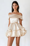 Champagne Satin Tiered Mini Graduation Dress with Ruffles