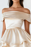 Champagne Satin Tiered Mini Graduation Dress with Ruffles