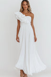 White Chiffon One Shoulder A Line Maxi Engagement Dress with Ruffles