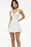 Stylish White Satin Short Halter A Line Graduation Dress with Ruffles