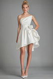 Ivory Satin One Shoulder Asymmetrical A Line Graduation Dress with Bow
