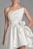 Ivory Satin One Shoulder Asymmetrical A Line Graduation Dress with Bow