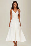 Simple White Satin Long V Neck A Line Engagement Dress