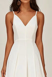 Simple White Satin Long V Neck A Line Engagement Dress
