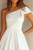 White Satin One Shoulder Flowy A Line Graduation Dress with Ruffles