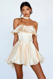 Champagne Satin Strapless Mini A Line Graduation Dress with Ruffles