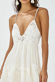 White V Neck A Line Maxi Boho Dress with Lace