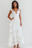 White Chiffon V Neck Tiered Long Engagement Dress with Ruffles