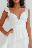 White Chiffon V Neck Tiered Long Engagement Dress with Ruffles