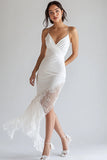 White Chiffon Asymmetrical Bodycon V Neck Graduation Dress with Lace