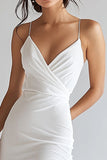 White Chiffon Asymmetrical Bodycon V Neck Graduation Dress with Lace