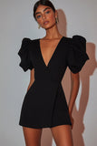 Black Satin V Neck Puff Sleeves Mini Graduation Dress