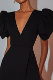 Black Satin V Neck Puff Sleeves Mini Graduation Dress