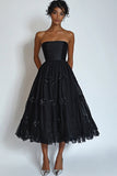 Black Appliqued Strapless Midi A Line Formal Dress