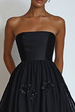 Black Appliqued Strapless Midi A Line Formal Dress