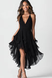 V-Neck Asymmetrical A Line Black Cocktail Dress with Ruffles