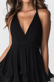 V-Neck Asymmetrical A Line Black Cocktail Dress with Ruffles