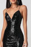 Sparkly Black Sequins V Neck Mini Bodycon Graduation Dress