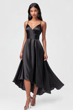 A Line Black Satin Asymmetrical Spaghetti Straps Formal Dress