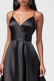 A Line Black Satin Asymmetrical Spaghetti Straps Formal Dress