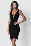 Black Satin V Neck Sleeveless Short Bodycon Cocktail Dress