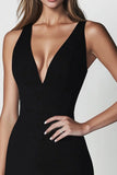 Black Satin V Neck Sleeveless Short Bodycon Cocktail Dress