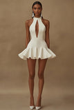 White Satin High Neck Keyhole Mini Graduation Dress with Ruffles