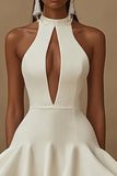 White Satin High Neck Keyhole Mini Graduation Dress with Ruffles
