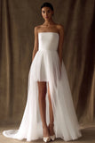White Tulle Strapless High-Low Pleated A Line Engagement Dress