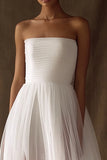 White Tulle Strapless High-Low Pleated A Line Engagement Dress