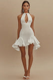 White Satin Short Keyhole High Neck Graduation Dress with Ruffles