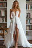 White V Neck High-Low A Line Maxi Engagement Dress