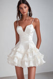 White Satin Spaghetti Straps Short Ruffled Graduation Dress
