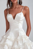 White Satin Spaghetti Straps Short Ruffled Graduation Dress