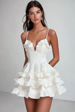 White Satin V-Neck Tiered Mini Graduation Dress with Ruffles