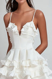 White Satin V-Neck Tiered Mini Graduation Dress with Ruffles