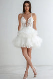White Lace V-Neck Tiered Mini A Line Graduation Dress